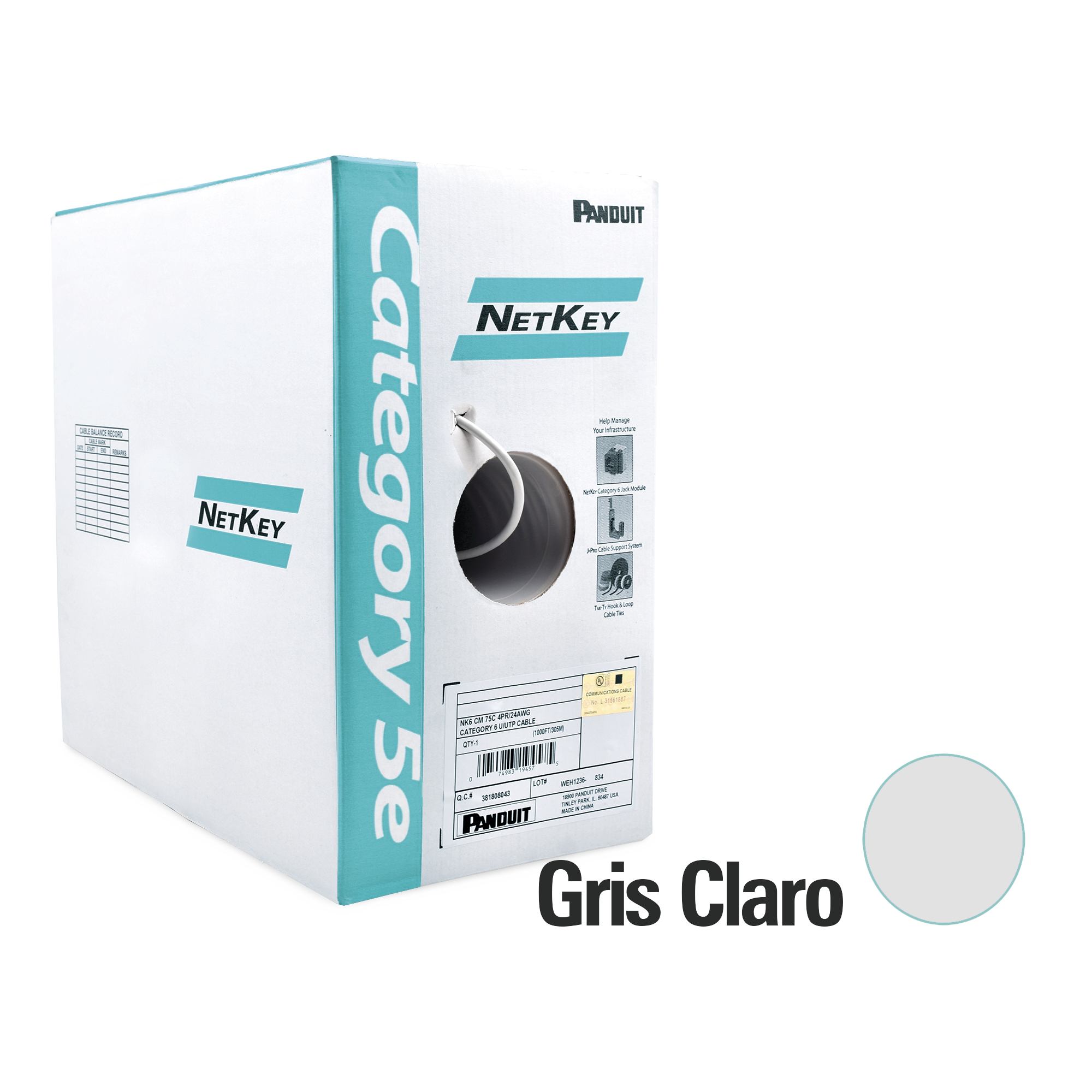 Bobina de Cable UTP 305 m. de Cobre, NetKey, Gris Claro, Categoría 5e (24 AWG), PVC (CM), de 4 pares Bobina de Cable UTP 305 m. de Cobre, NetKey, Gris Claro, Categoría 5e (24 AWG), PVC (CM), de 4 pares